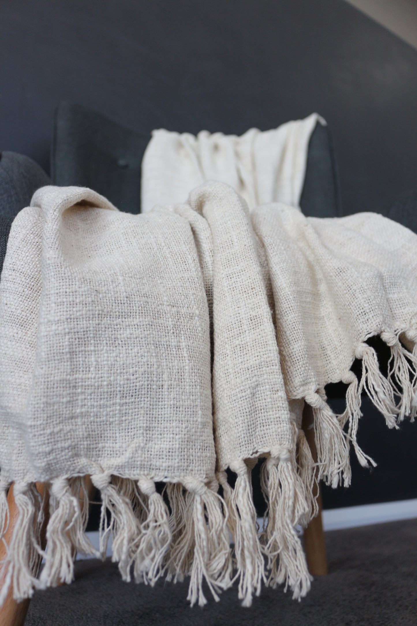 Natural Throw Rug Turkish Cotton with Tassels