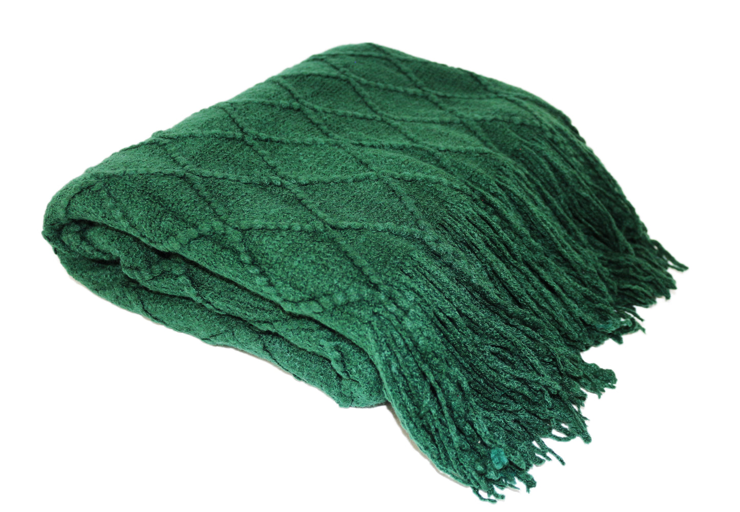 Throw Rug Soft Textured Knit with Tassels Dark Green