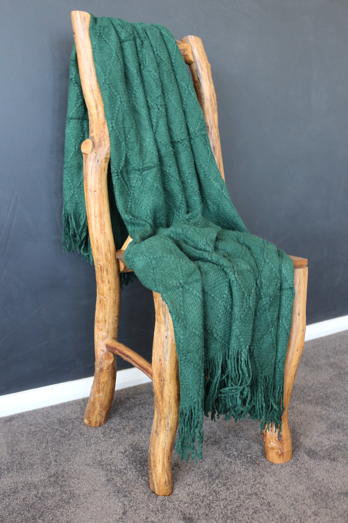 Throw Rug Soft Textured Knit with Tassels Dark Green