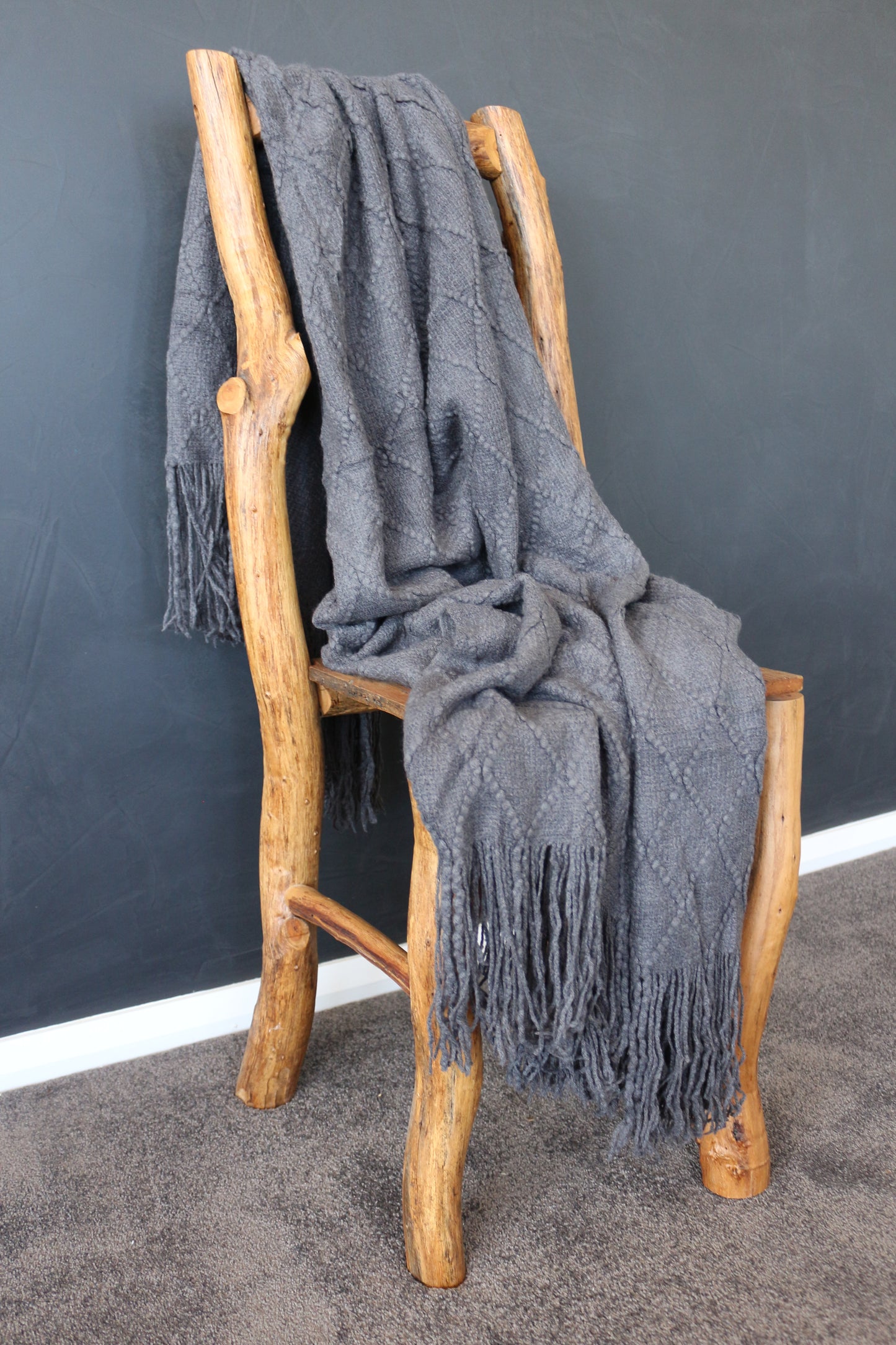 Throw Rug Soft Textured Knit with Tassels Grey