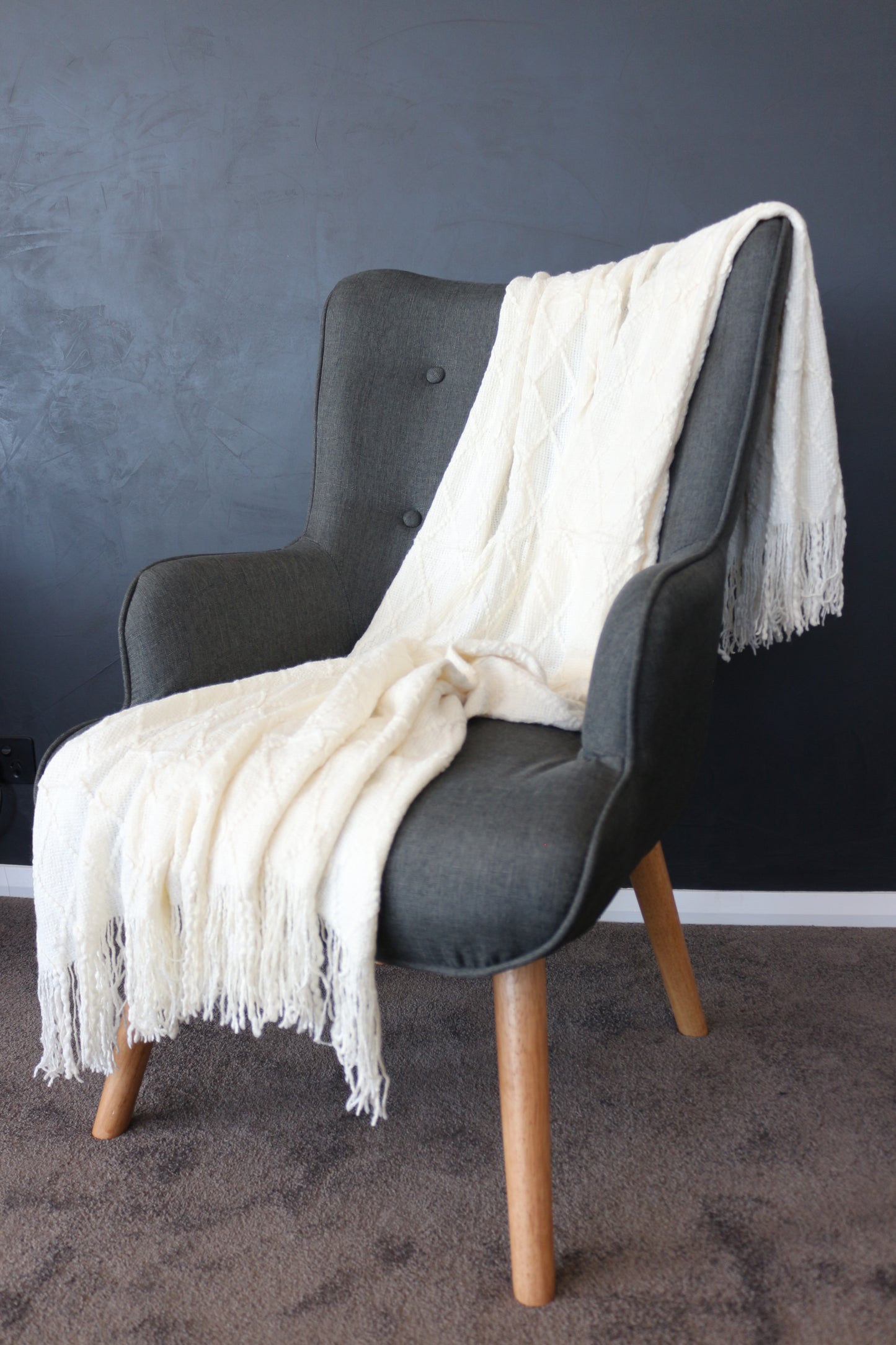 Throw Rug Soft Textured Knit with Tassels White