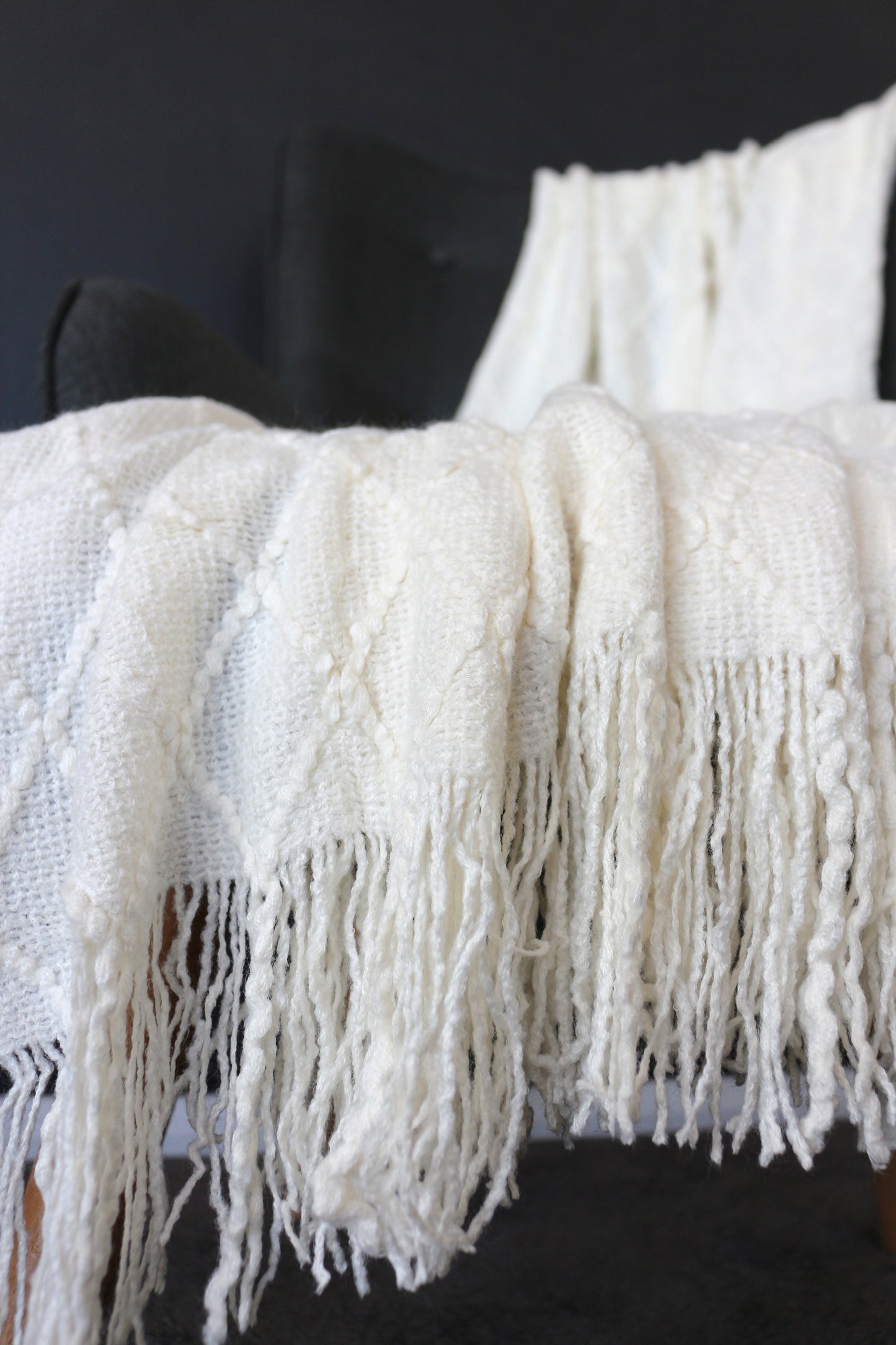 Throw Rug Soft Textured Knit with Tassels White