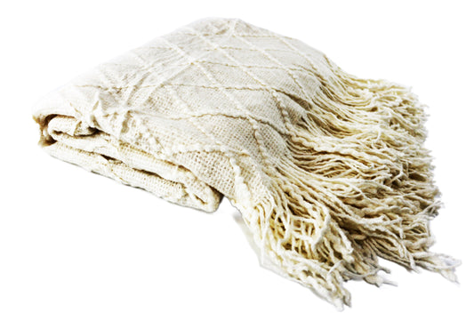 Throw Rug Soft Textured Knit with Tassels White